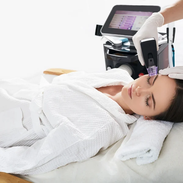 Woman undergoing Morpheus8 treatment for skin rejuvenation, showcasing advanced microneedling and radiofrequency technology.