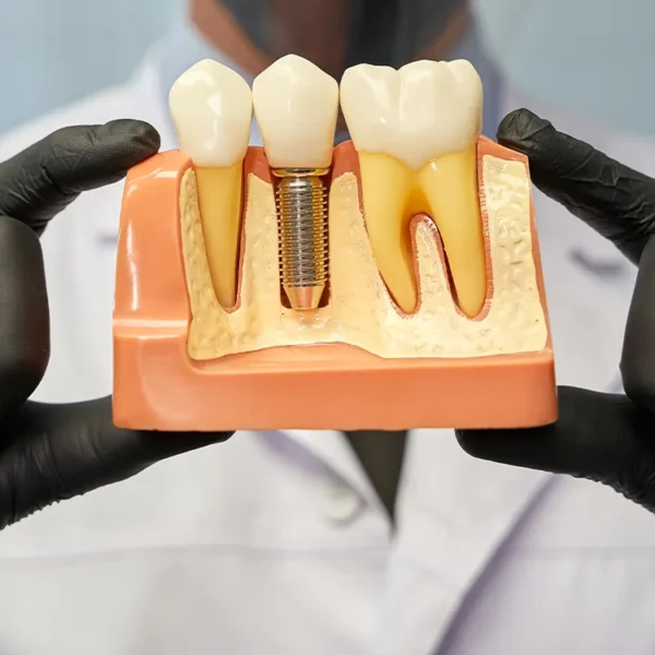 A dentist holding a dental implant model in his hand during a consultation.